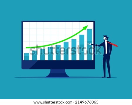 Business presentation. Lectu rers offer growth. businessman presenting business analysis report on board