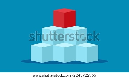 Six cubes and one red cube stacked on a blue background. concept of leadership