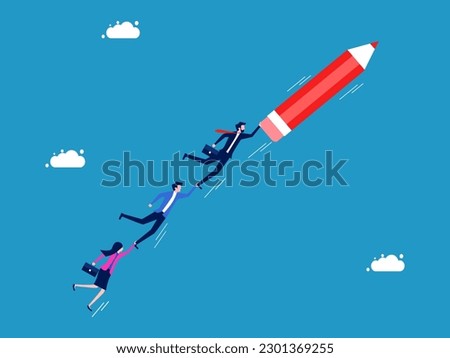 Independent business. Team of business people flying with pencil
