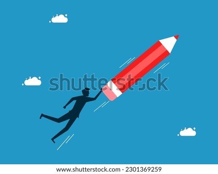 Independent business idea. man flies with a pencil