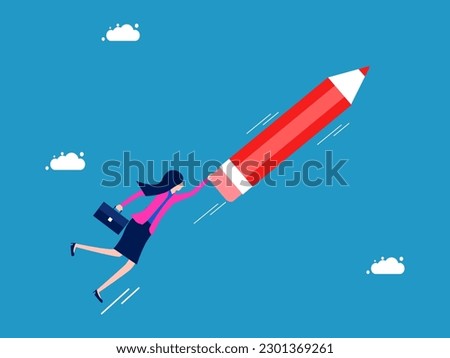 Independent business ideas. Businesswoman clinging to a flying pencil