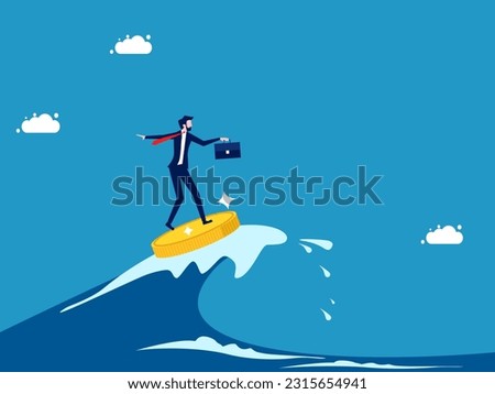 Businessman surfing sea waves with coins. The concept of going through a crisis with money vector