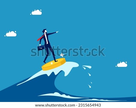 opportunities in the financial crisis and the economy. Businessman surfing the sea with coin vector