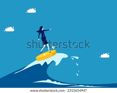 See opportunities in the financial crisis and the economy. Businesswoman surfing the sea with coin vector