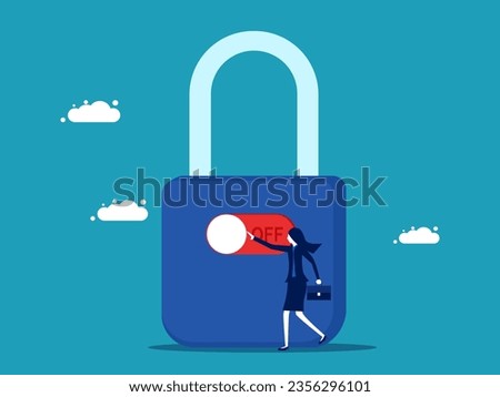 Access lock. Businesswoman turning off the switch to lock the padlock
