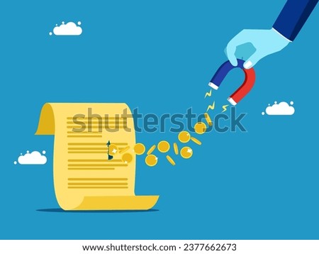 Businessman sucks money off paper documents. Financial document concepts