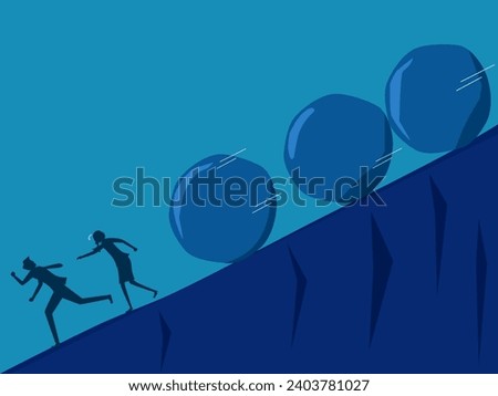 Complex crisis. Two businessmen running away from crisis rocks. vector 