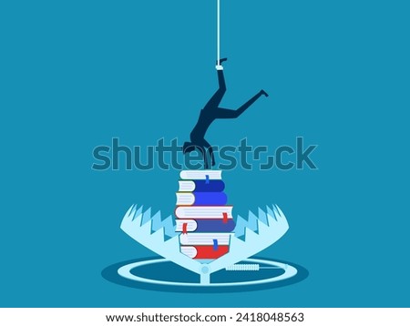Learning from books. Businessman tries to pick up a book in a bear trap. vector 