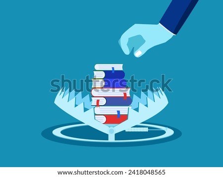Businessman tries to pick up a book in a trap. learning trap concept. vector 