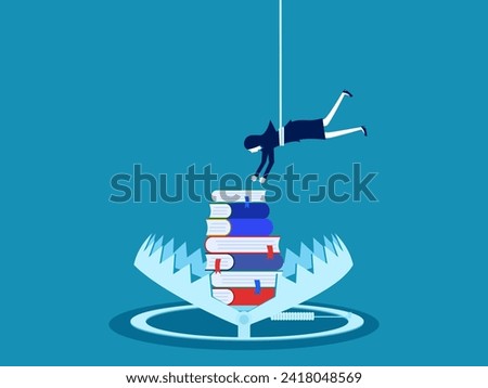 Businesswoman tries to pick up a book in a trap. learning trap concept. vector 