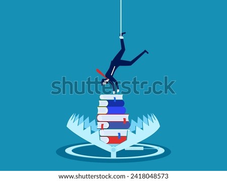 Learning trap. Businessman tries to pick up a book in a bear trap. vector 