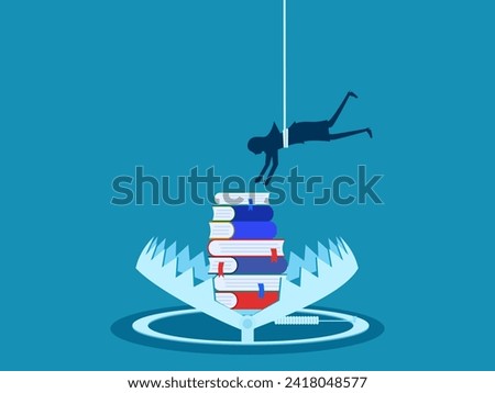 Learning trap. Businesswoman tries to pick up a book in a bear trap. vector 