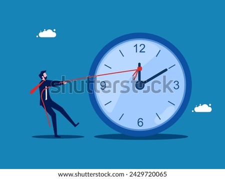 Control working time. Businessman uses rope to pull clock hands 