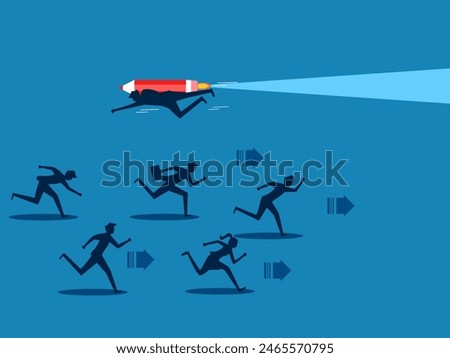 Think differently. businessman flies a rocket pencil in the opposite direction from everyone else