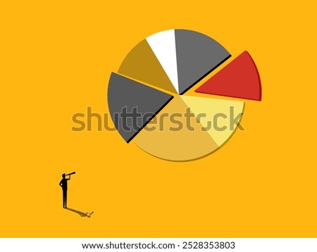 Market share forecast. Businessman with binoculars and circle chart