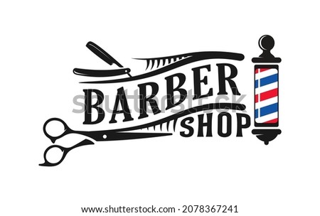 Barbershop logo vintage classic style, salon fashion haircut pomade badge icon simple minimalist modern, barber pole razor shave scissor razor blade retro symbol vector. luxury elegant design.