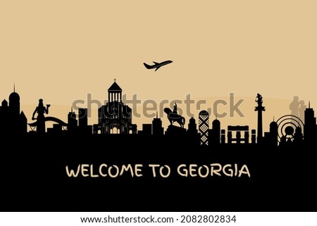 Advertising template with welcome to Georgia concept and world famous landmarks in silhouette style vector illustration.