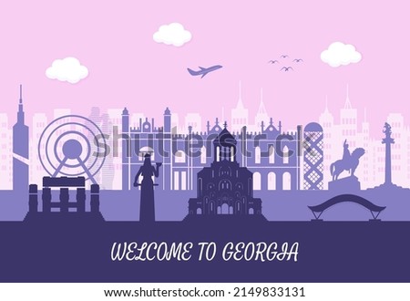 Advertising template with welcome to Georgia concept and world famous landmarks on pink background, Flat style vector illustration.