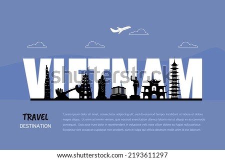 Advertising template with travel to Vietnam concept, world famous landmarks in flat style vector illustration.