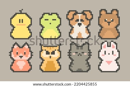 Vector pixel art animal series collection. Icons and stickers 8 bit style set of duck, frog, dog, bear, fox, owl, cat, rabbit.