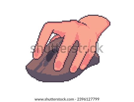 Hand using computer mouse, PC mouse, 8 bit pixel art, vector illustration isolated on white background.