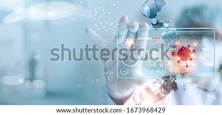 Medicine doctor and robotics research and analysis. Diagnose checking coronavirus or covid-19 testing result with virtual screen in laboratory, Inhibition of disease outbreaks and Medical technology  Foto stock © 