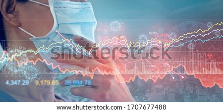 Businessman with mask, Analysis corona virus economic impact, crisis and economic financial conditions in the global due sinks stock exchanges, Stocks fall, Effects of outbreak and pandemic covid-19