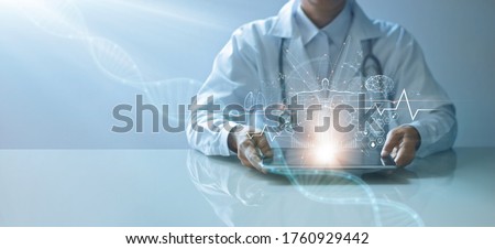 Medicine doctor holding electronic medical record on tablet. DNA. Digital healthcare and network connection on hologram interface, Science and innovative, Medical technology and network concept