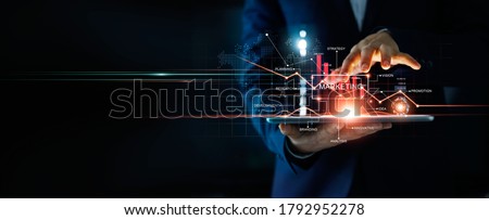 
Digital online marketing, Businessman using tablet and analysis sale data graph growth on modern interface icons on strategy, Solution analysis and development contents on global network connection. Foto stock © 