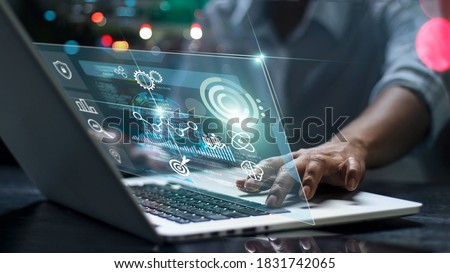 Data scientists. Man programmer using laptop analyzing and development at various information on futuristic virtual interface screen. Algorithm. marketing and deep learning of artificial intelligence 商業照片 © 