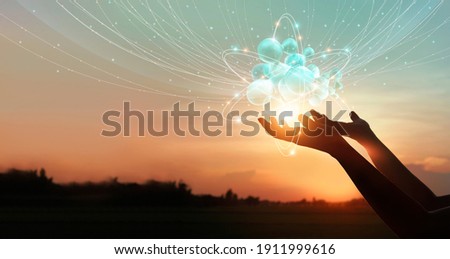 Hands holding global network connection icons. Internet of things and intelligence technology in digital network enables people lifestyle more smarter and comfortable, Innovation of futuristic.  Stock foto © 
