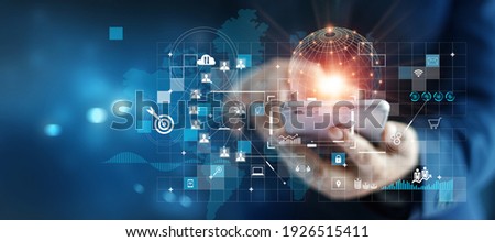 Businessman using mobile smartphone on global network connection on investor and customer with sale data exchange and development of business. Technology and digital marketing. Financial and banking.