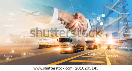 Smart logistics and transportation. Handshake for successful of investment deal teamwork and partnership business partners on logistic global network distribution. Business of transport industrial.  Imagine de stoc © 