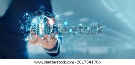 Businessman hold circle of network structure HR - Human resources. Business leadership concept. Management and recruitment. Social network. Different people. 