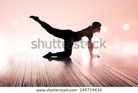 woman yoga silhouette exercise on floor rotten wood, double exposure, soft and blur concept