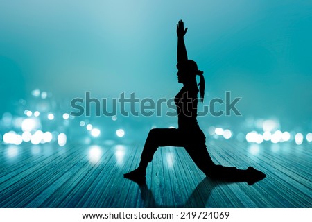 silhouette woman yoga exercise floor rotten wood, soft and blur concept