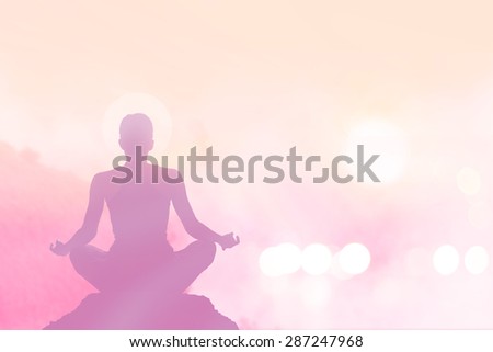 Abstract women meditating pastel on high mountain in sunset, soft focus