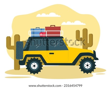 Off road car summer in dry forest with cactus trees,adventure trip.Flat illustration