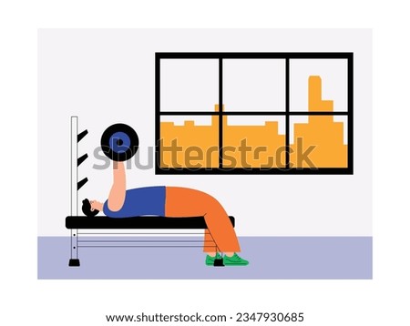Man lifting weights for physical exercise in fitness center, doing physical fitness activity, vector illustration.