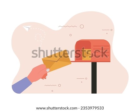 Hand holding yellow envelope inserting into mail box, old classic communication sending letter. Character design. Vector flat illustration