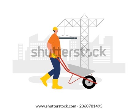 Male worker pushing construction cart to pick up materials, wearing work gear, worker vector illustration.