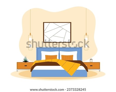 Bedroom with king size bed, two small cupboards on the right and left, hanging lamp to add an aesthetic impression, and paintings on the wall, interior and furniture vector illustrations.