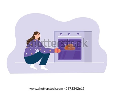 Woman is roasting chicken, wants to take out the dish with gloves. Cooking activities at home. Character design. Vector flat illustration