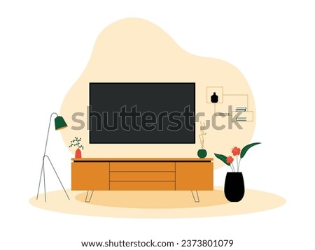 TV in the family room, cupboard for placing ornamental plants, shelf as a place for collectibles, large pots and lamps on the right and left sides, interior and furniture vector illustrations.