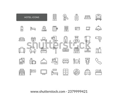 Hotel icons set. reservation, hotel booking, rent hostel room, airport transfer, room area, flat rent, five-star hotel, service line vector 