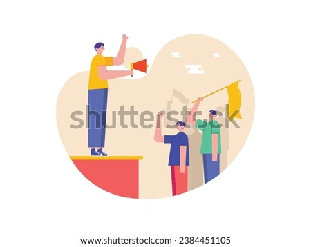 An activist stands on a podium giving speeches in front of protesters carrying flags, standing up for human rights conflicts. Character design. Vector flat illustration