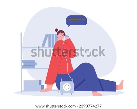 Woman is sitting relaxing and calling classic landline telephone with shelves, books. Character design. Vector flat illustration