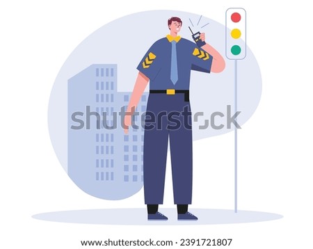 A male police officer wearing a uniform is communicating with his partner using a walkie talkie while controlling the road at a traffic light. Character design. Vector flat illustration