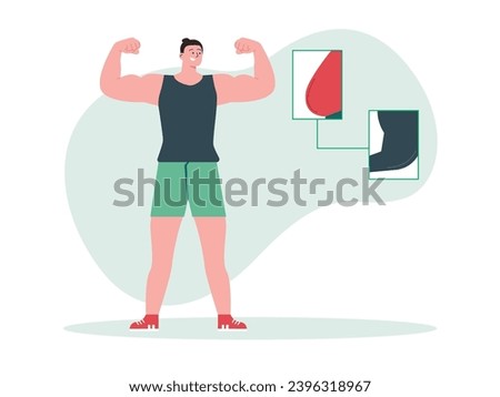 Man showing off muscle arm successfully dieting and practicing at the gym from fat to muscular. Character design. Vector flat illustration