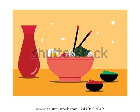 Ramen with egg, seaweed, mushroom filling with sauce and teapot, traditional Japanese food. Character design. Vector flat illustration